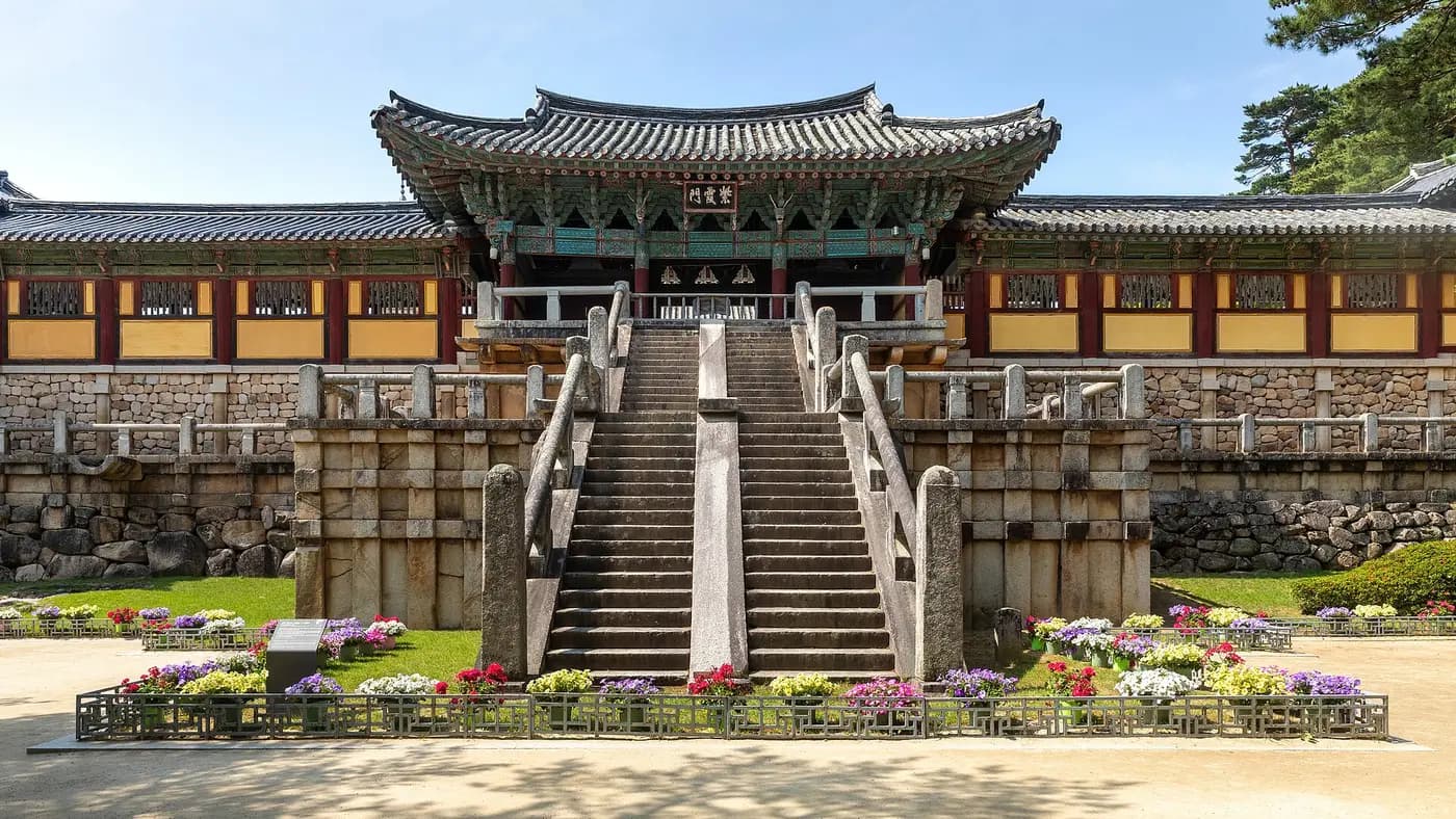 The stone stairway bridges leading up to the gate of Bulguksa, the Silla-era temple near Gyeongju