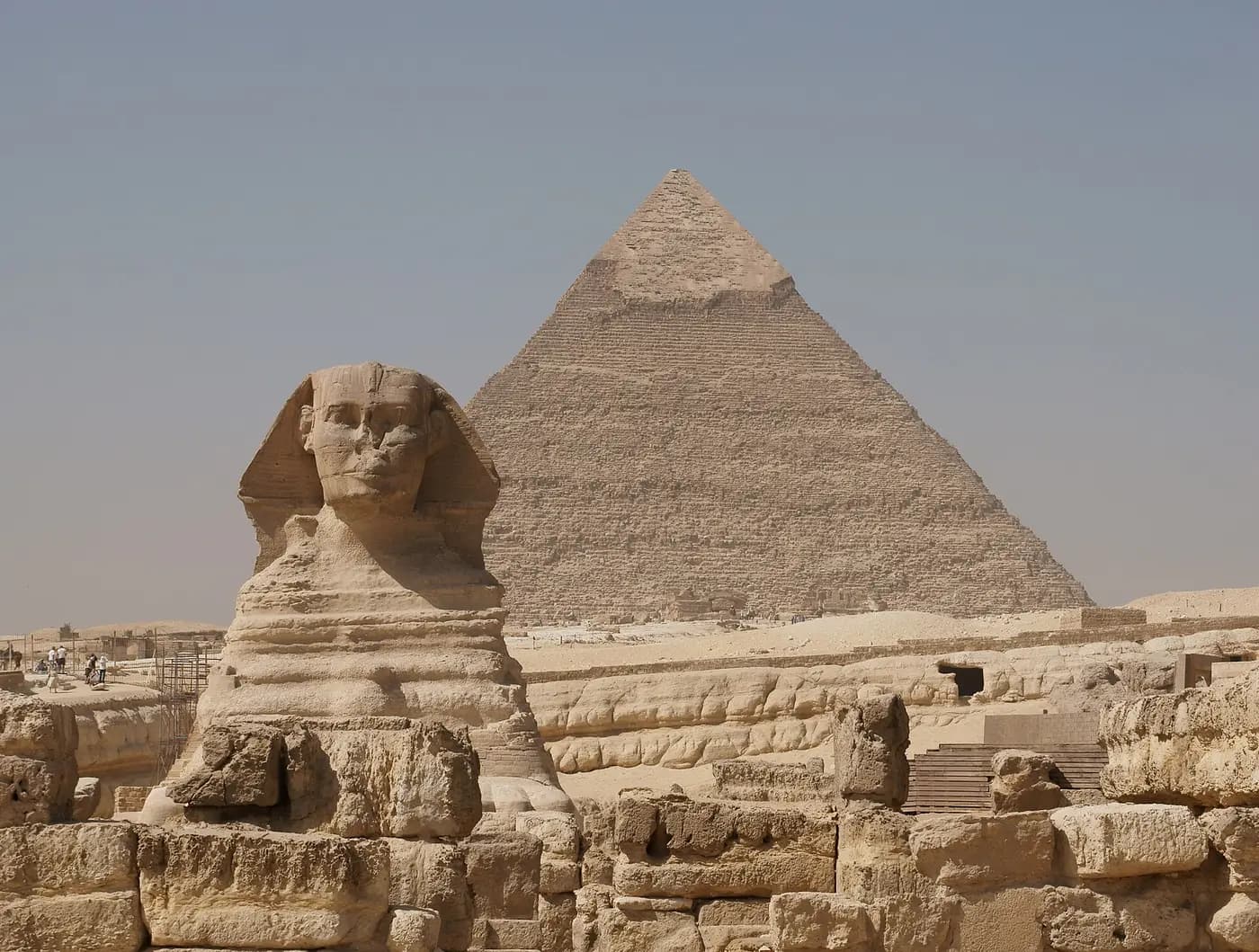 The Great Sphinx with the Pyramid of Khafre behind it at Giza