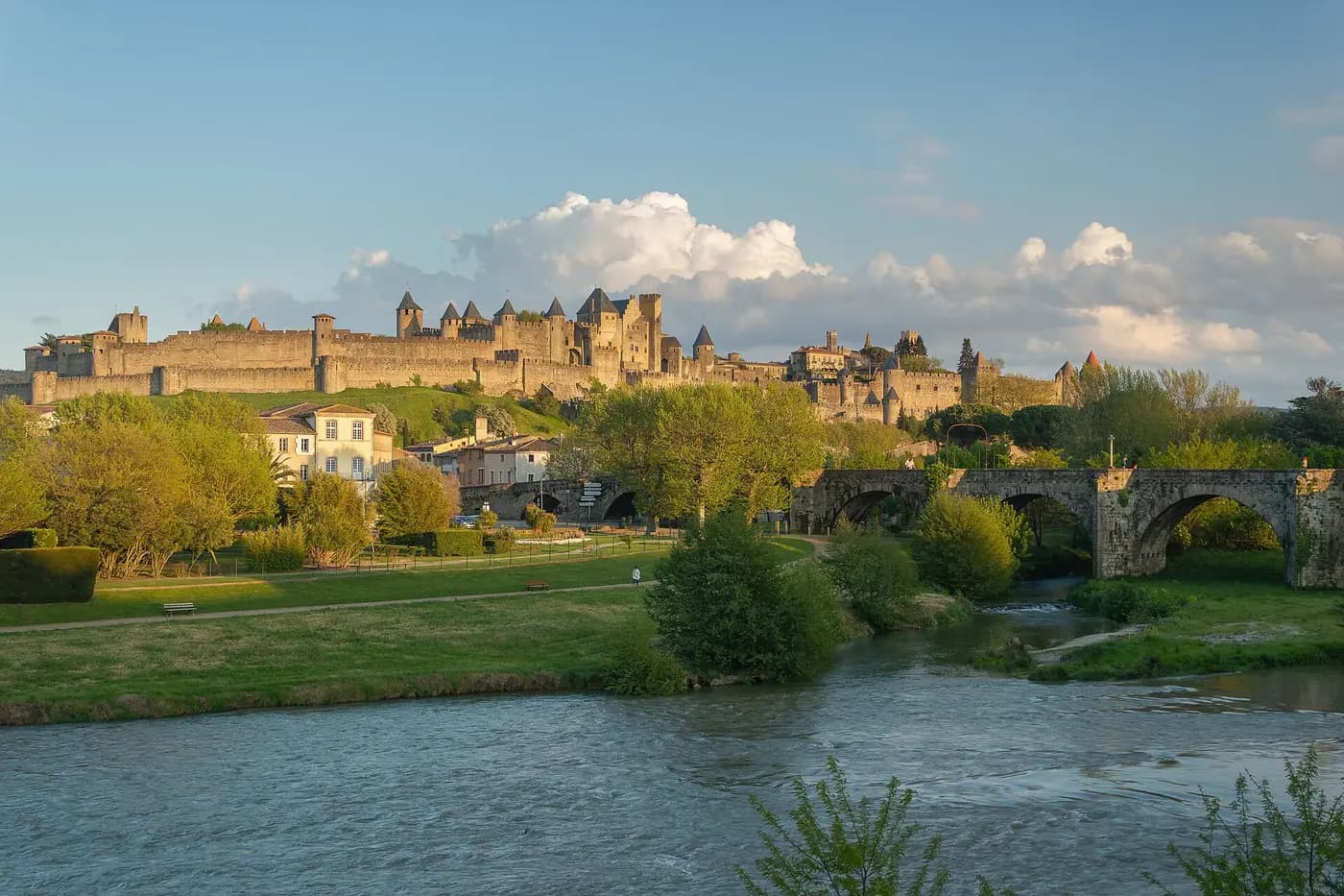 The walled Cité of Carcassonne on its hill above the River Aude and the medieval Old Bridge