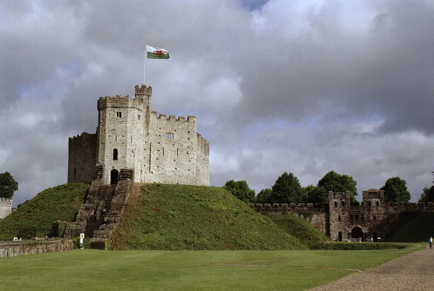 The Norman shell keep of Cardiff Castle on its steep grassy mound