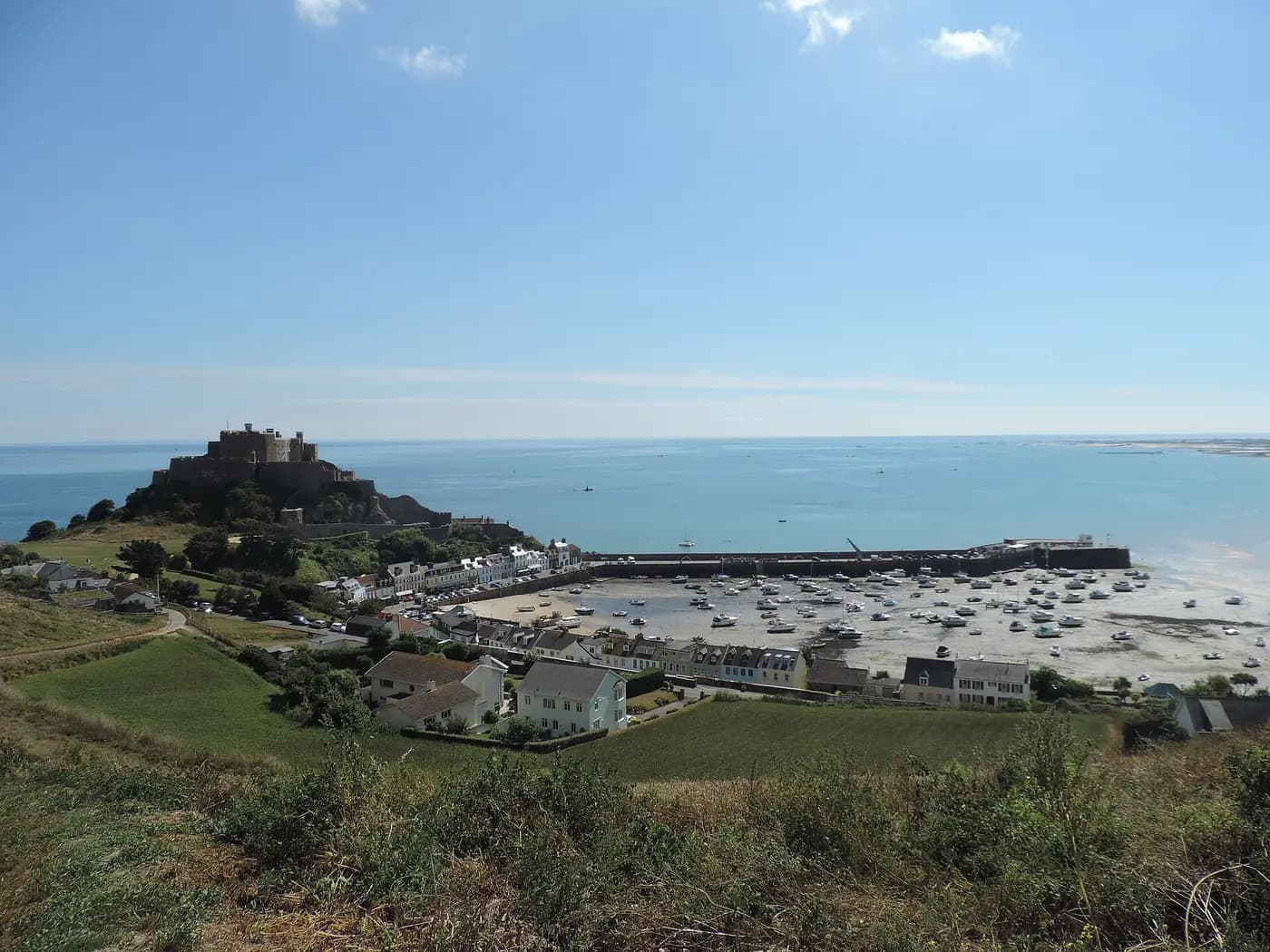 Mont Orgueil Castle on its headland above Gorey harbour on the east coast of Jersey