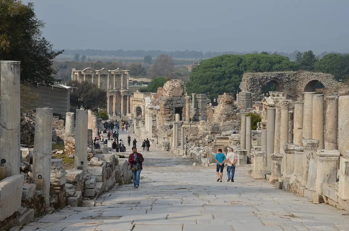 The marble-paved Curetes Street at Ephesus, lined with ruins and leading down to the Library of Celsus