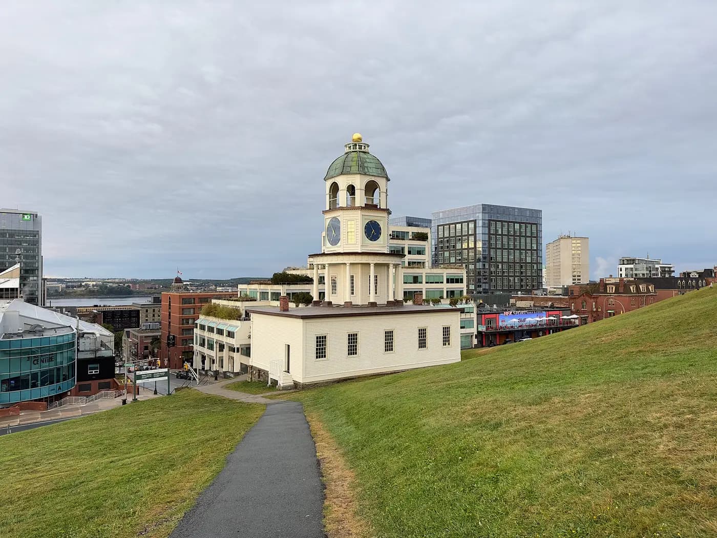 Halifax's Old Town Clock at the foot of Citadel Hill, with the downtown beyond