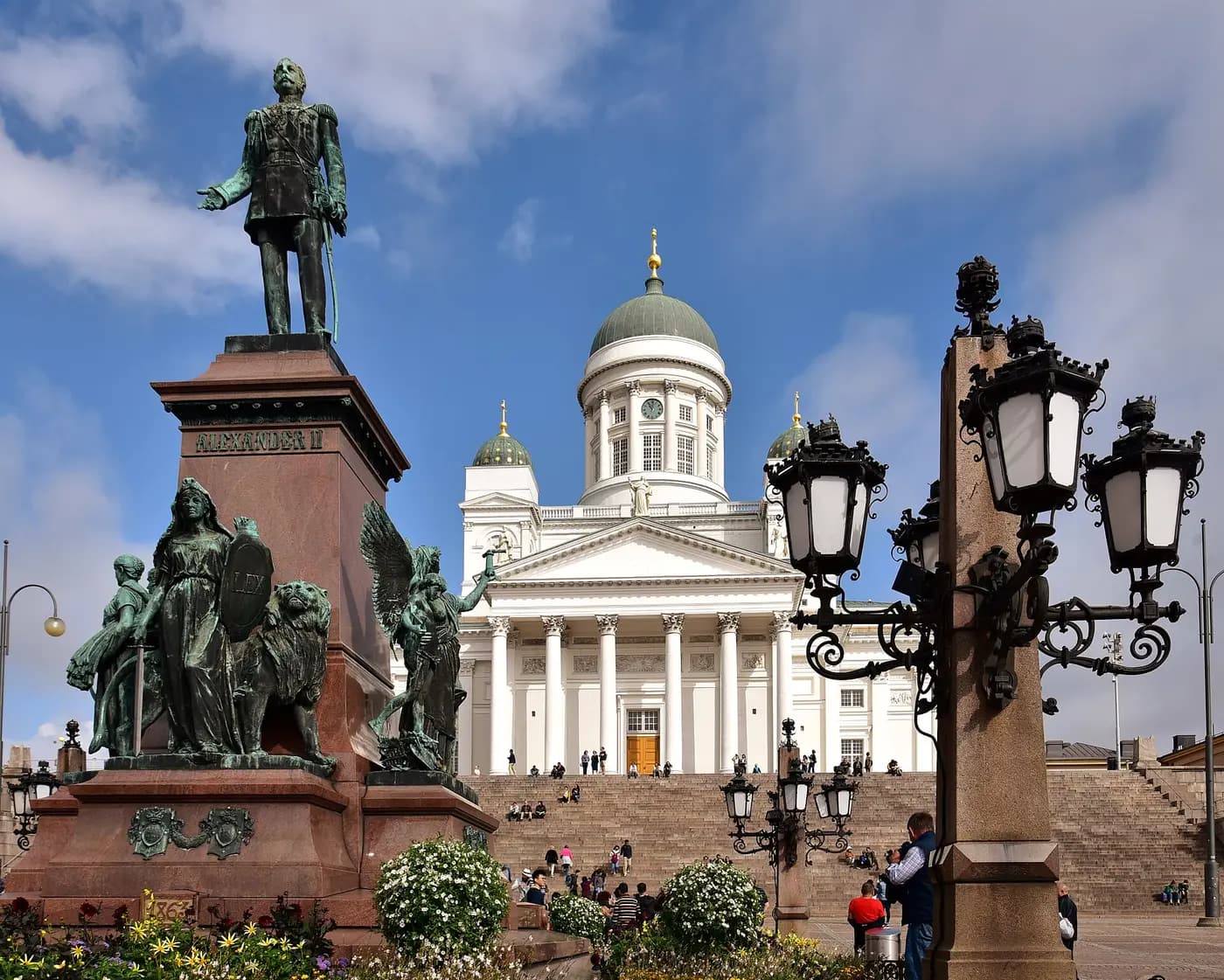 Helsinki Cathedral above Senate Square, with the bronze statue of Tsar Alexander II in the foreground