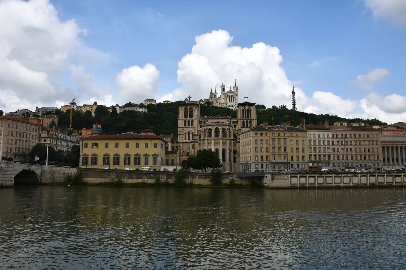 Old Lyon and Saint-Jean Cathedral along the Saône, with Fourvière basilica on the hill above