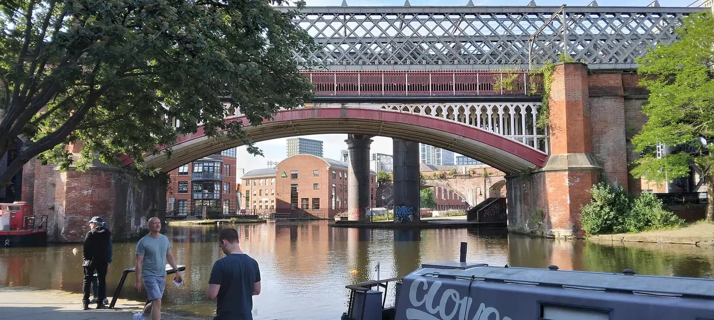 Canal basin and railway viaducts at Castlefield in Manchester