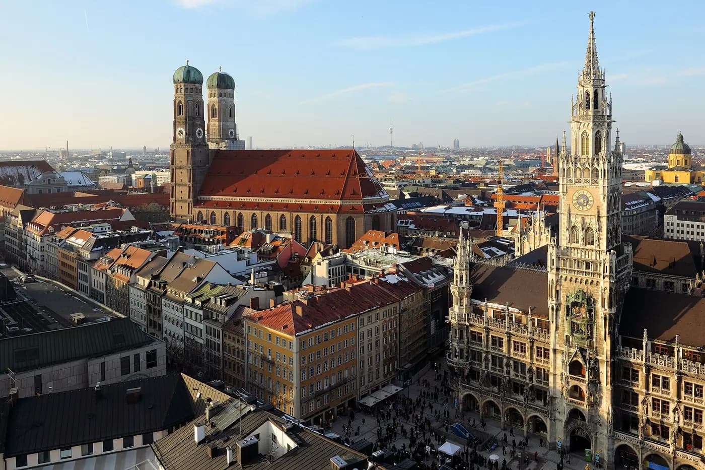 The Frauenkirche towers and the New Town Hall in Munich