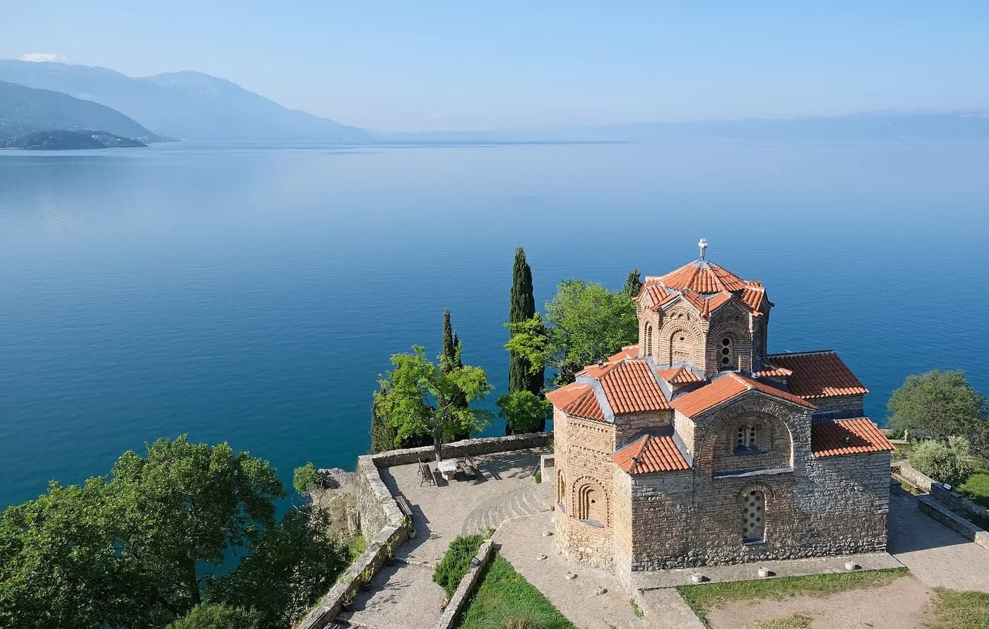 The small Byzantine church of St John at Kaneo on a cliff above Lake Ohrid