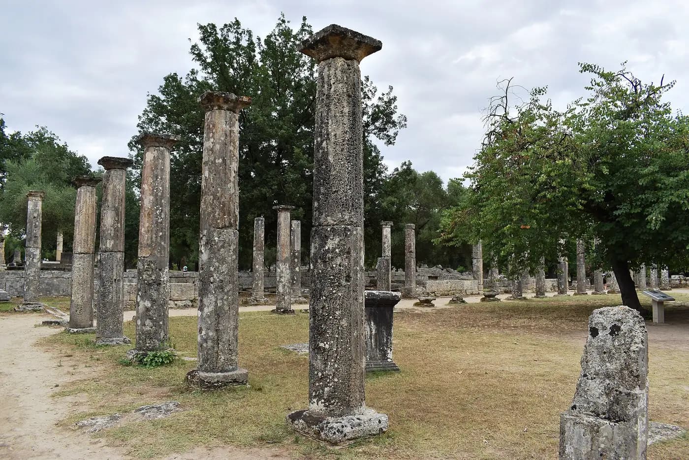Restored stone columns of the palaestra, the wrestling school at ancient Olympia