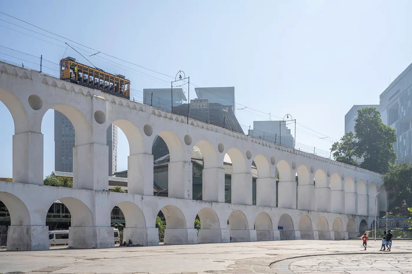 The white double row of arches of the 18th-century Carioca Aqueduct in Lapa, Rio de Janeiro