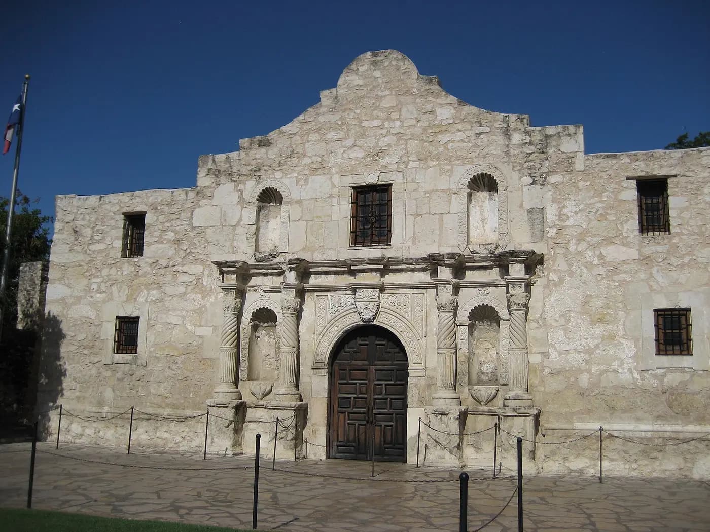 The carved limestone front of the Alamo mission church in San Antonio