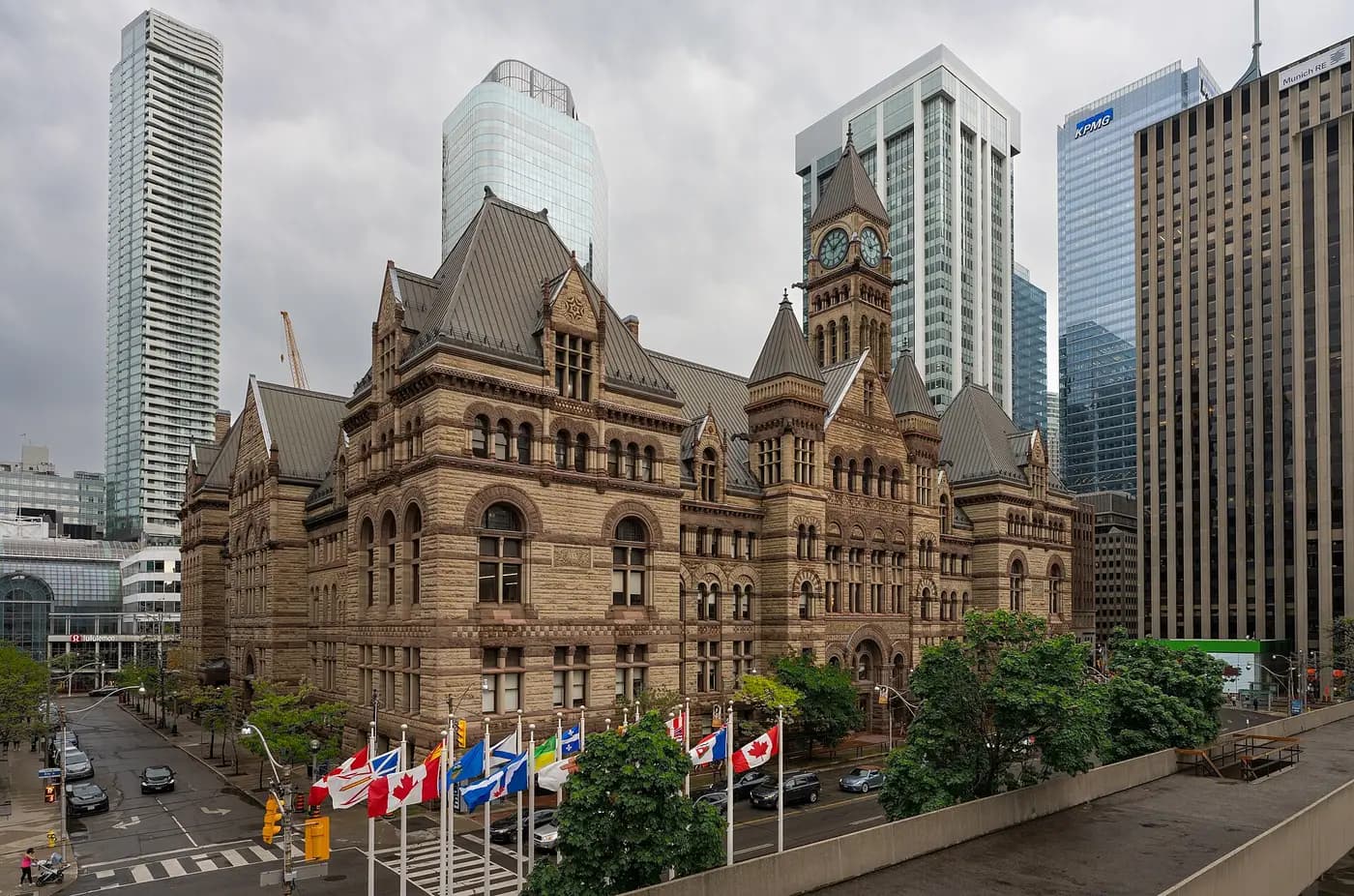 The Romanesque Revival Old City Hall and its clock tower among downtown Toronto office towers