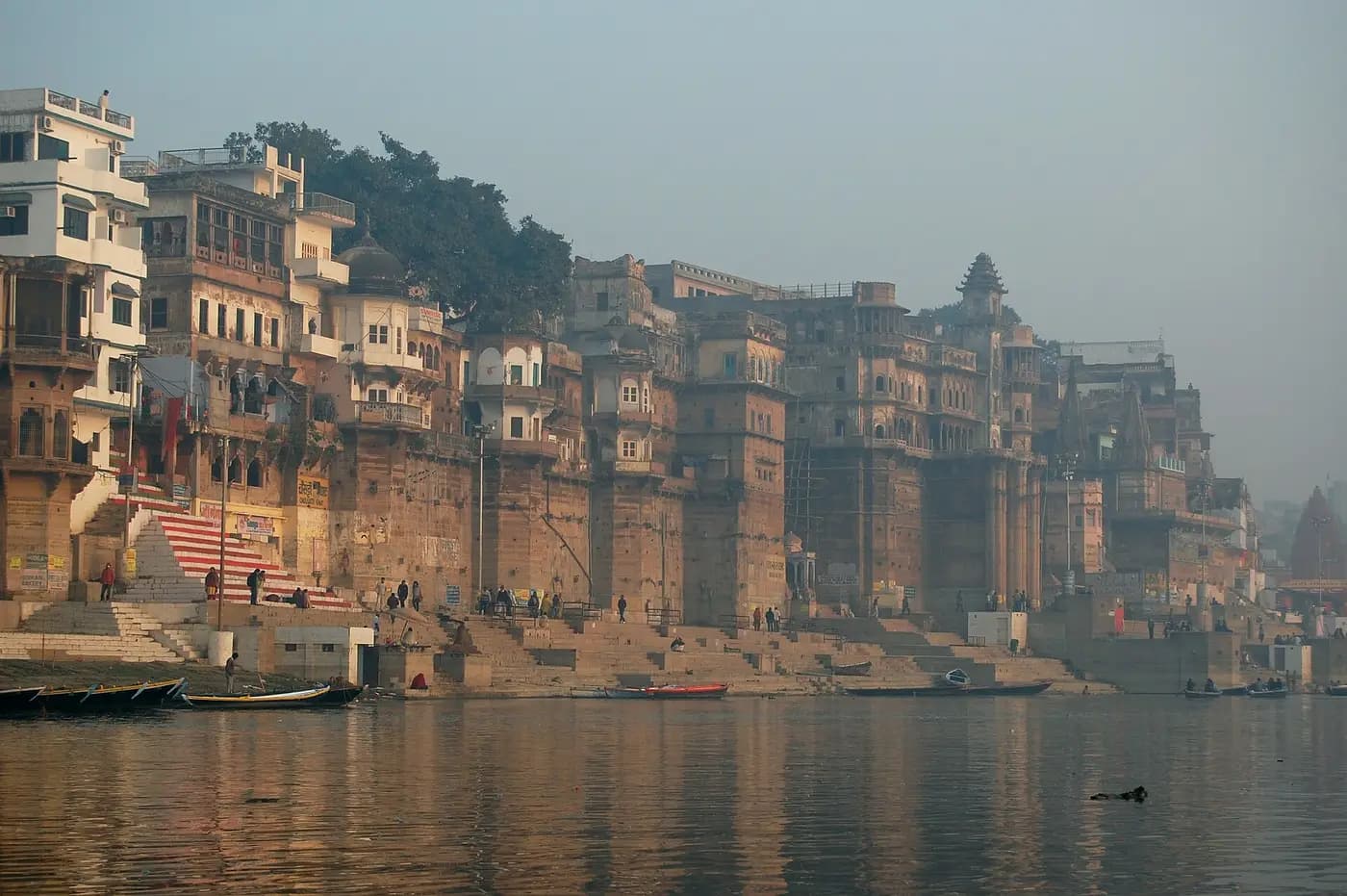Old palaces and temples rising above the stepped ghats along the Ganges at Varanasi
