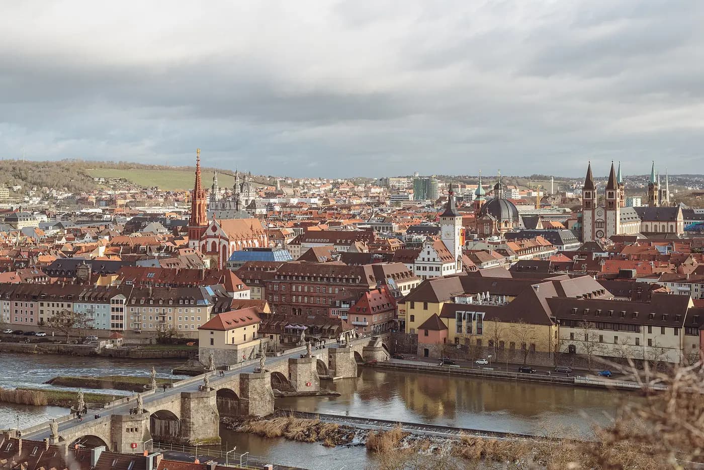 The Old Main Bridge crossing the river into Würzburg's old town of church spires and red roofs