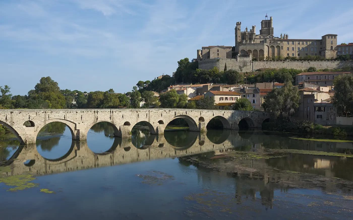 Béziers Cathedral of Saint-Nazaire on its height above the Orb river and the medieval Pont Vieux