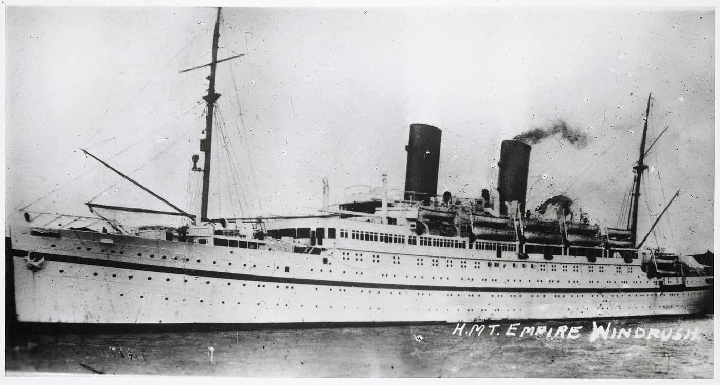 The troopship HMT Empire Windrush at sea, the ship that brought Caribbean migrants in 1948