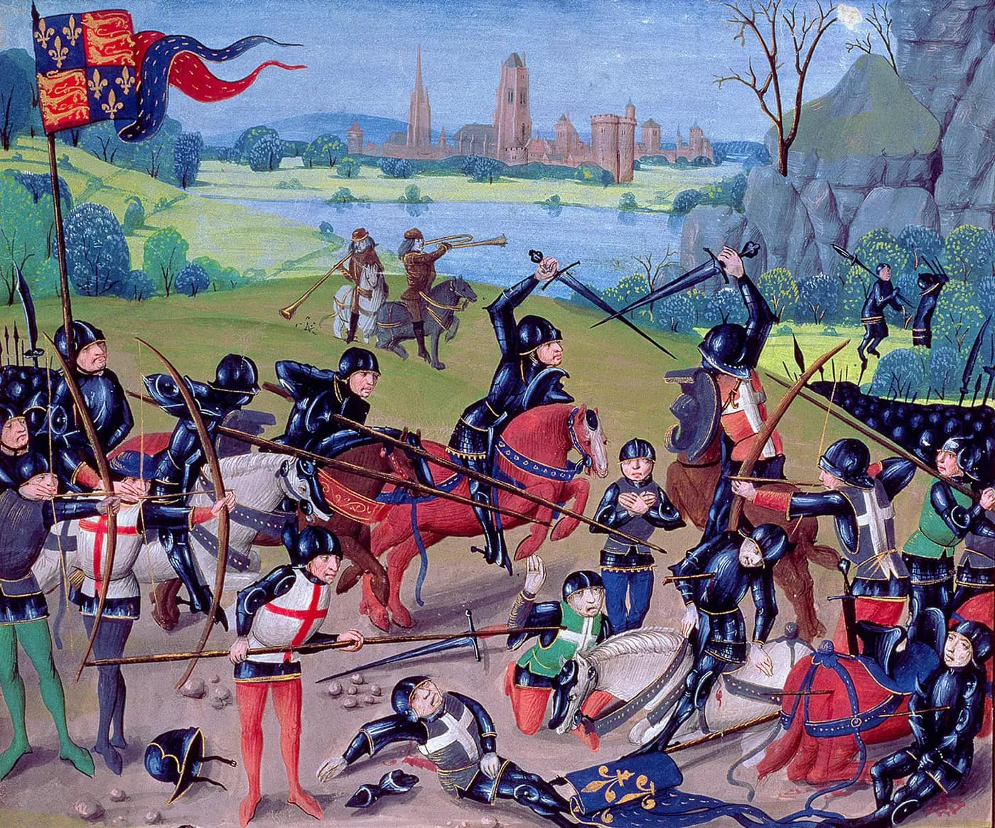 A 15th-century English manuscript painting of archers and armoured knights fighting at Agincourt