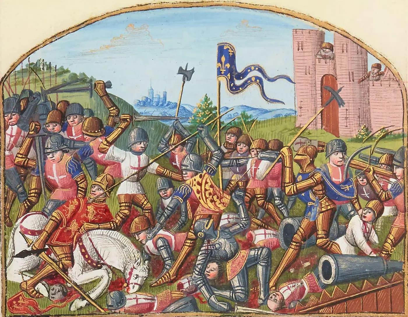 Fifteenth-century miniature of the Battle of Castillon: armoured knights clash beside cannon under a town wall