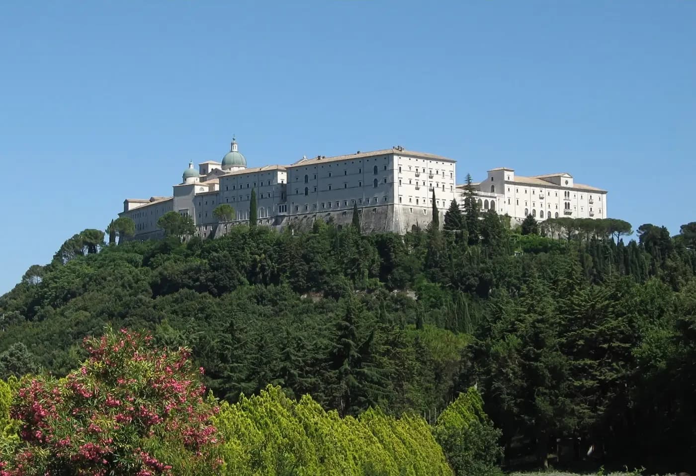 The rebuilt abbey of Monte Cassino on its hilltop, seen from the Polish war cemetery