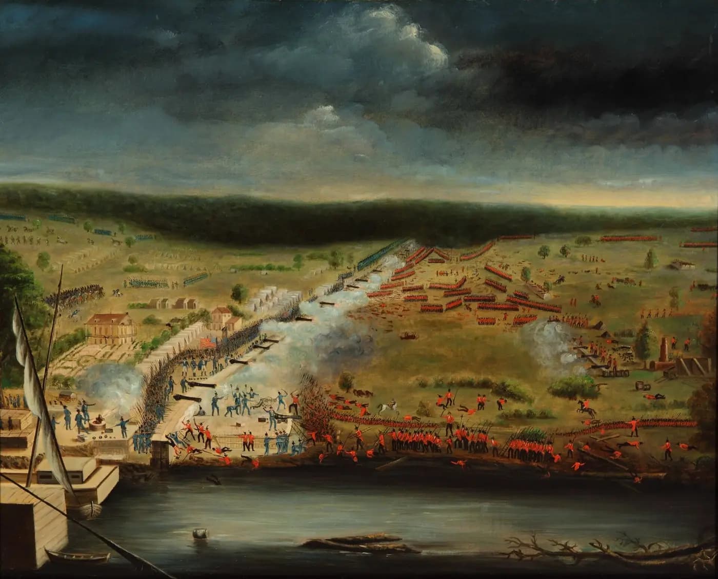 Eyewitness painting of British columns attacking Jackson's line beside the Mississippi at Chalmette, 1815