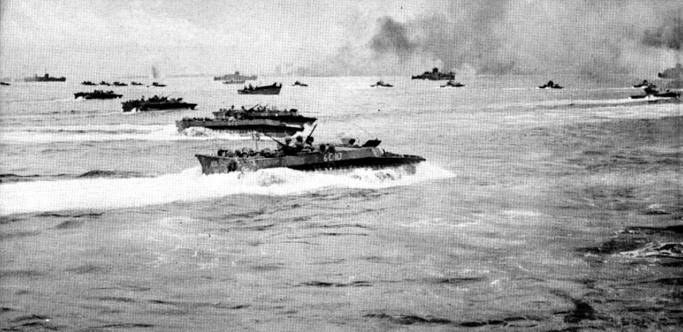 Amphibious tractors race towards the Peleliu beaches on 15 September 1944