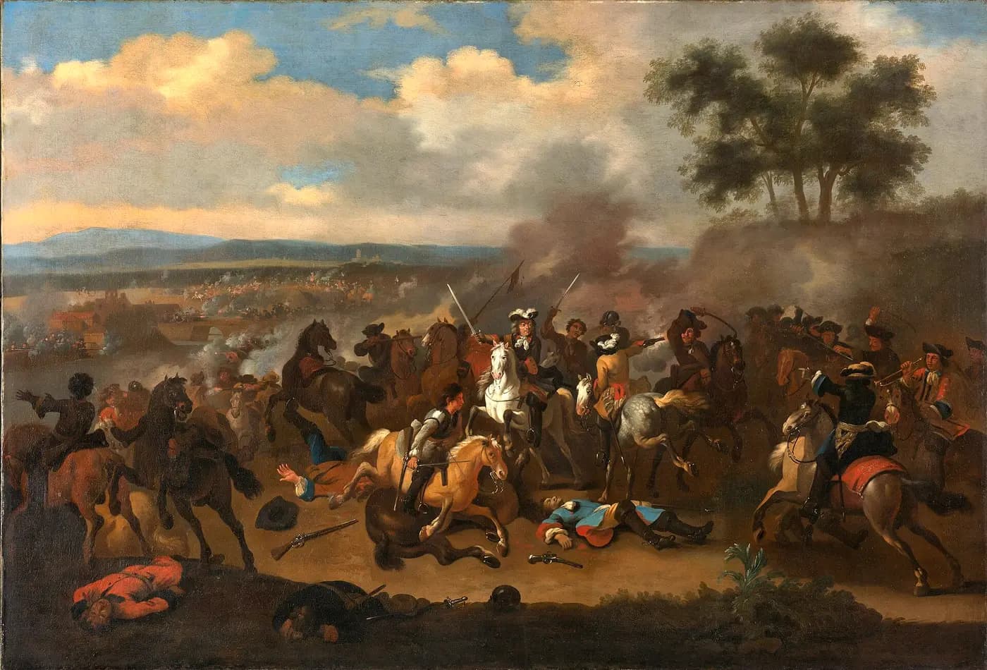 Painting of cavalry clashing at the Battle of the Boyne in 1690, with smoke drifting across the valley