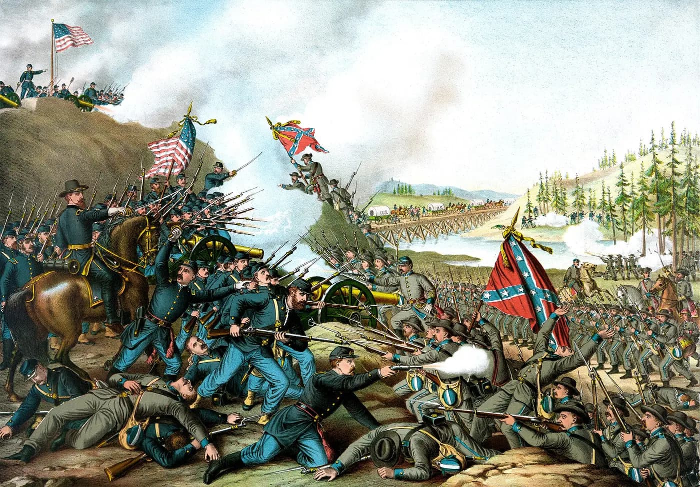 Kurz and Allison's 1891 print of Union and Confederate troops fighting at Franklin, Tennessee