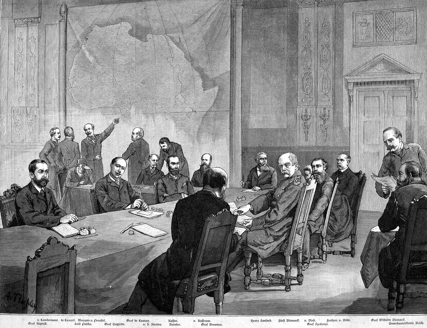 1884 drawing of Bismarck and delegates at the Berlin Conference, seated beneath a large map of Africa