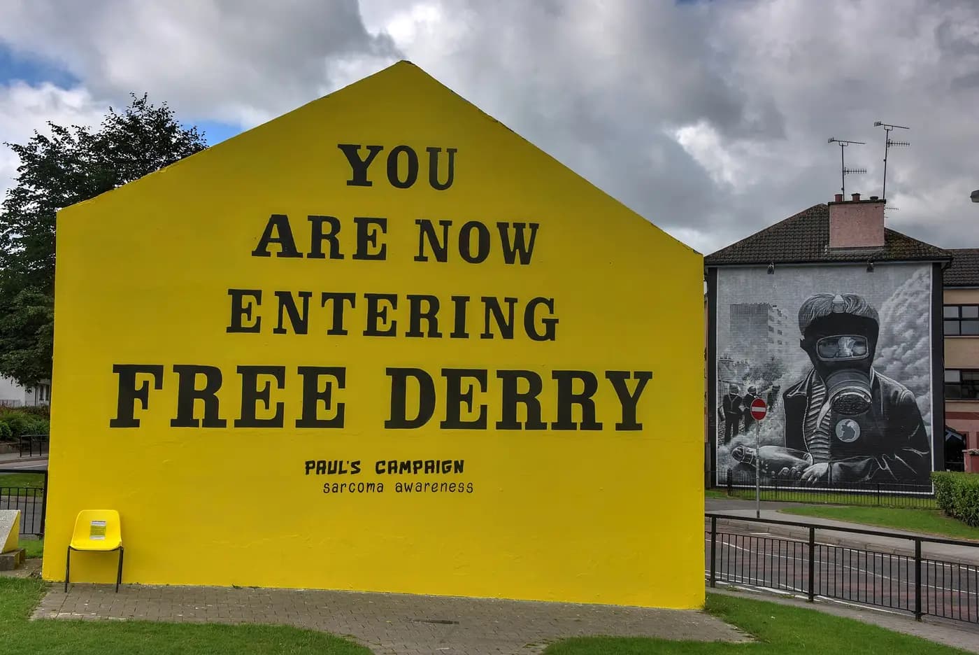 The gable wall of Free Derry Corner in the Bogside, painted 'You are now entering Free Derry'