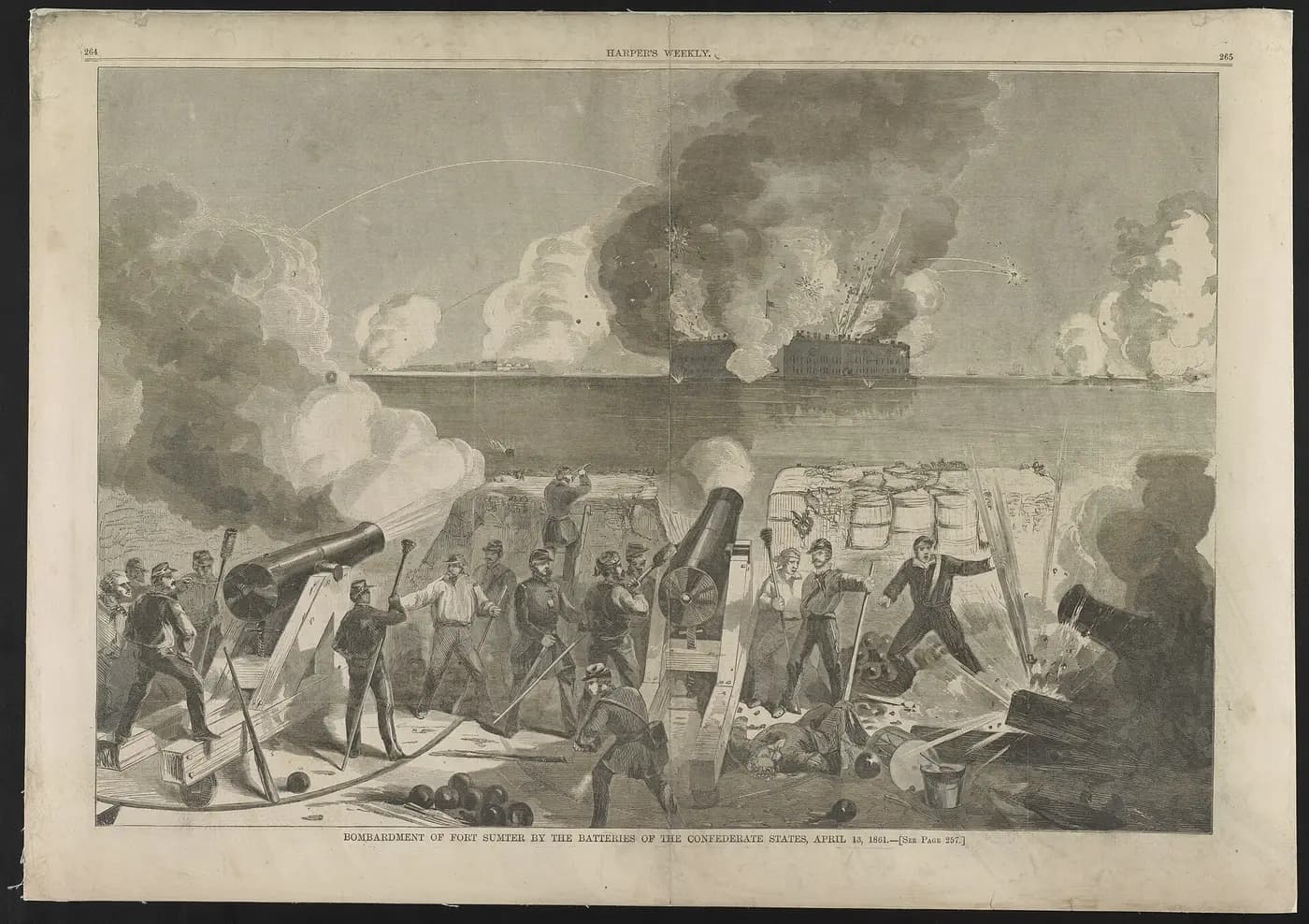 Contemporary lithograph of Confederate batteries bombarding Fort Sumter in Charleston harbour, April 1861