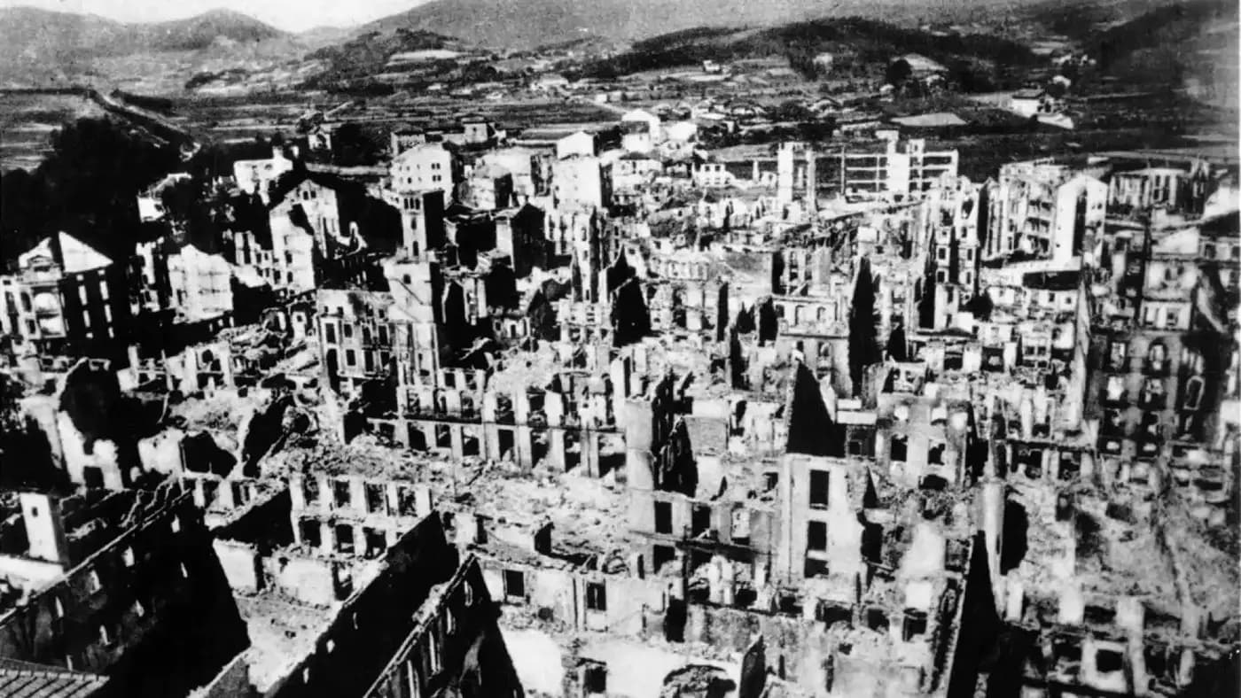 The roofless, burnt-out streets of Gernika after the bombing of April 1937
