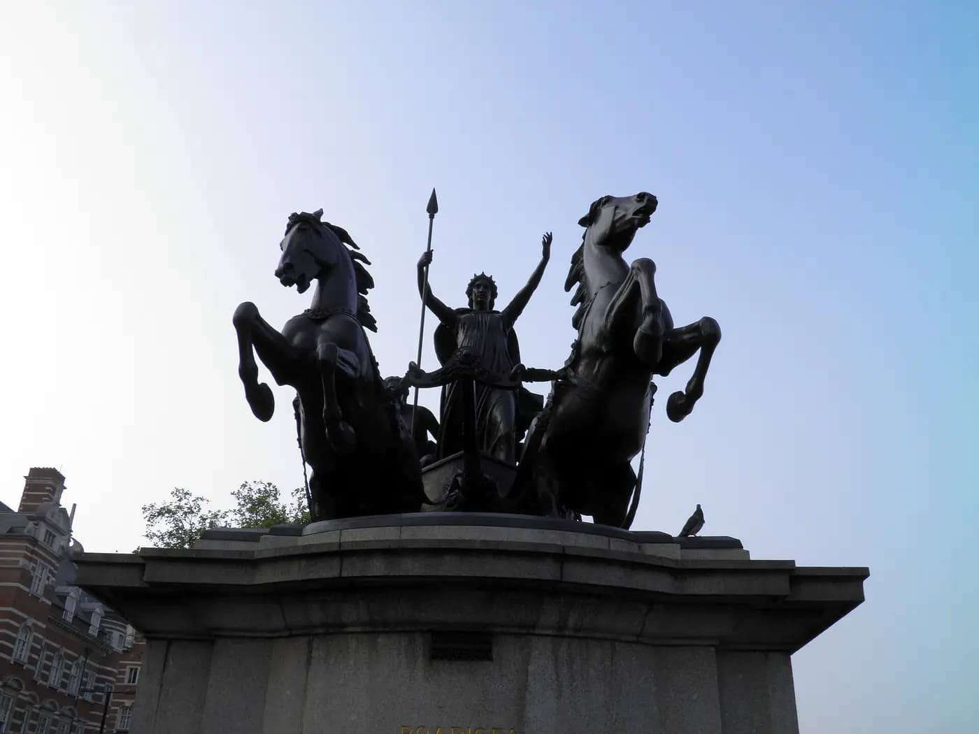 The bronze statue of Boudica and her daughters in a horse-drawn chariot by Westminster Bridge