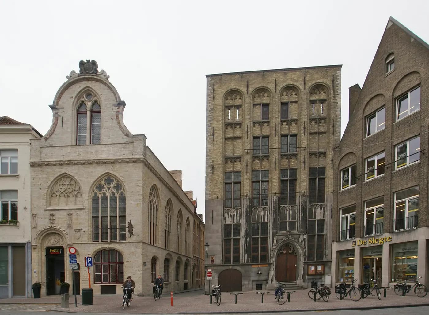 The narrow Gothic Huis ter Beurze, the merchants' inn behind the word 'bourse', in Bruges