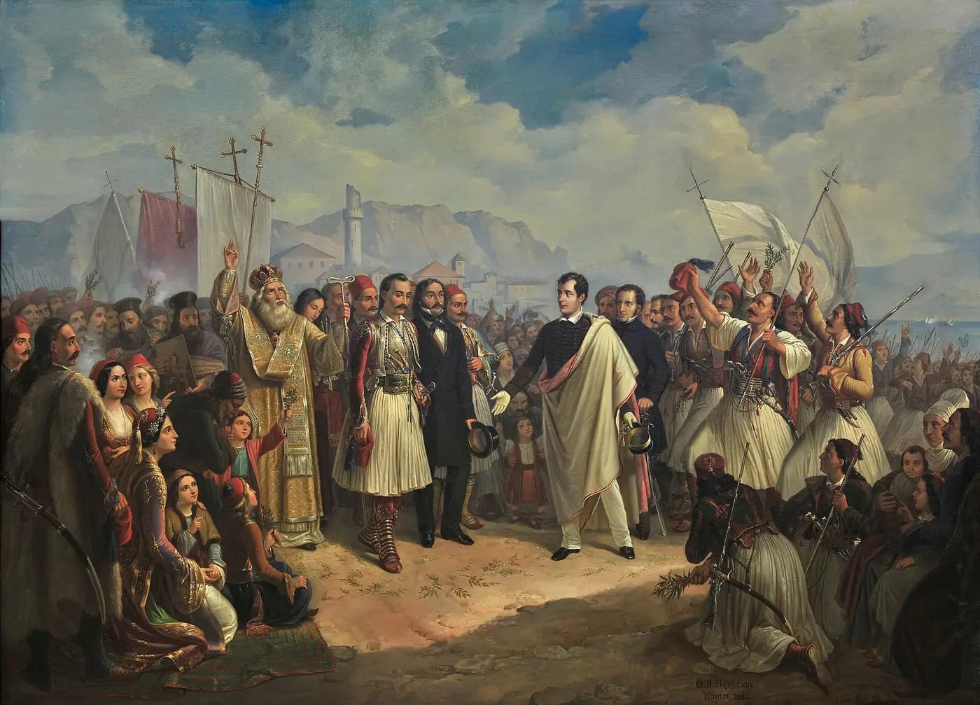 Vryzakis' painting of Lord Byron welcomed by clergy and Greek fighters on reaching Missolonghi in 1824