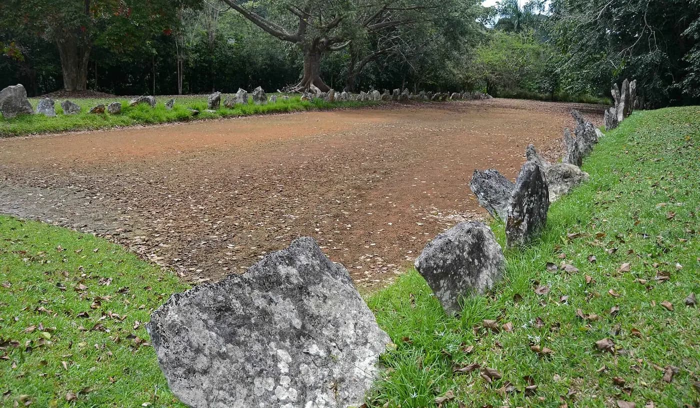 A Taíno ceremonial ball court edged with upright stones at Caguana, Utuado, Puerto Rico