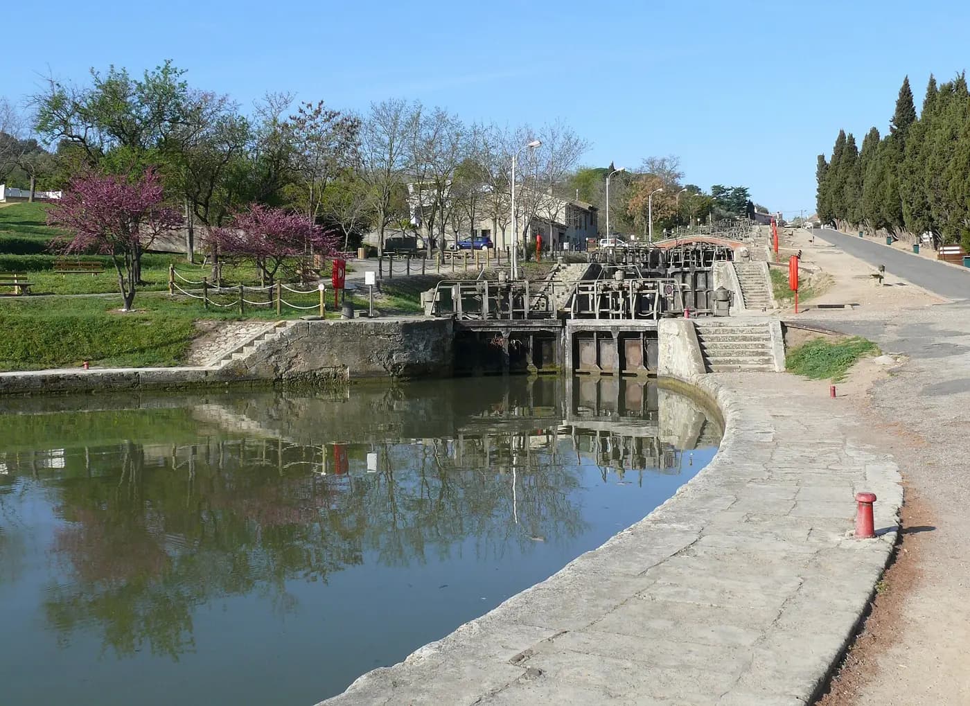 A basin and lock gates of the Fonseranes staircase locks on the Canal du Midi near Béziers