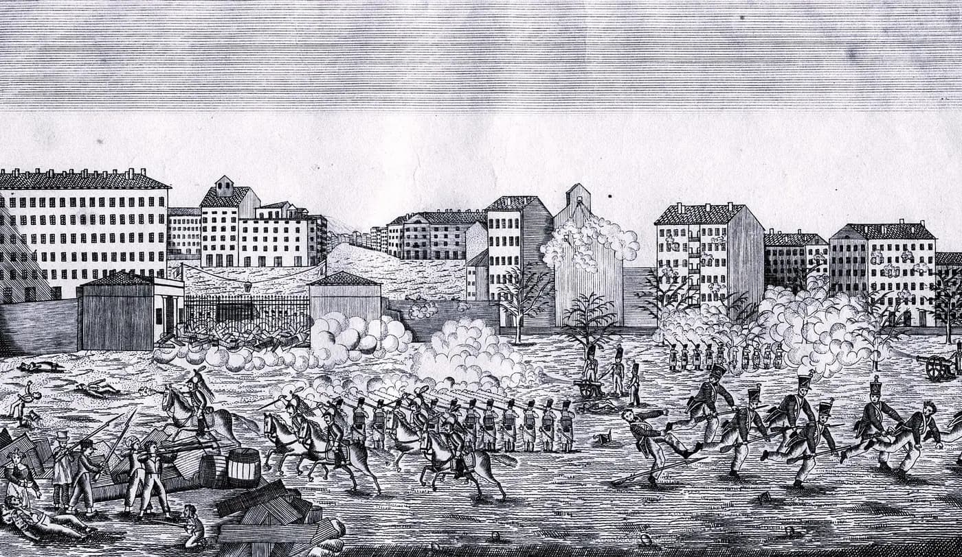 Period engraving of troops and insurgent silk workers clashing at the Croix-Rousse barrier in Lyon, November 1831