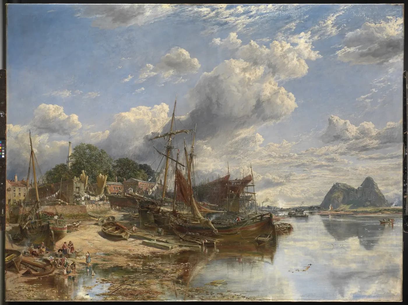 Samuel Bough's 1855 painting of ships being built at a Dumbarton yard, with Dumbarton Rock beyond