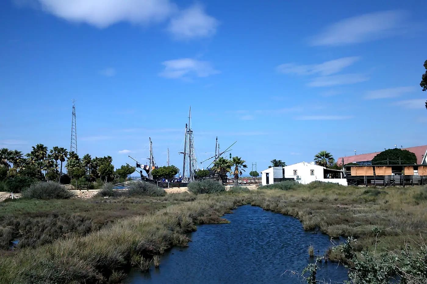 Replicas of Columbus's three caravels moored at the Muelle de las Carabelas near Palos