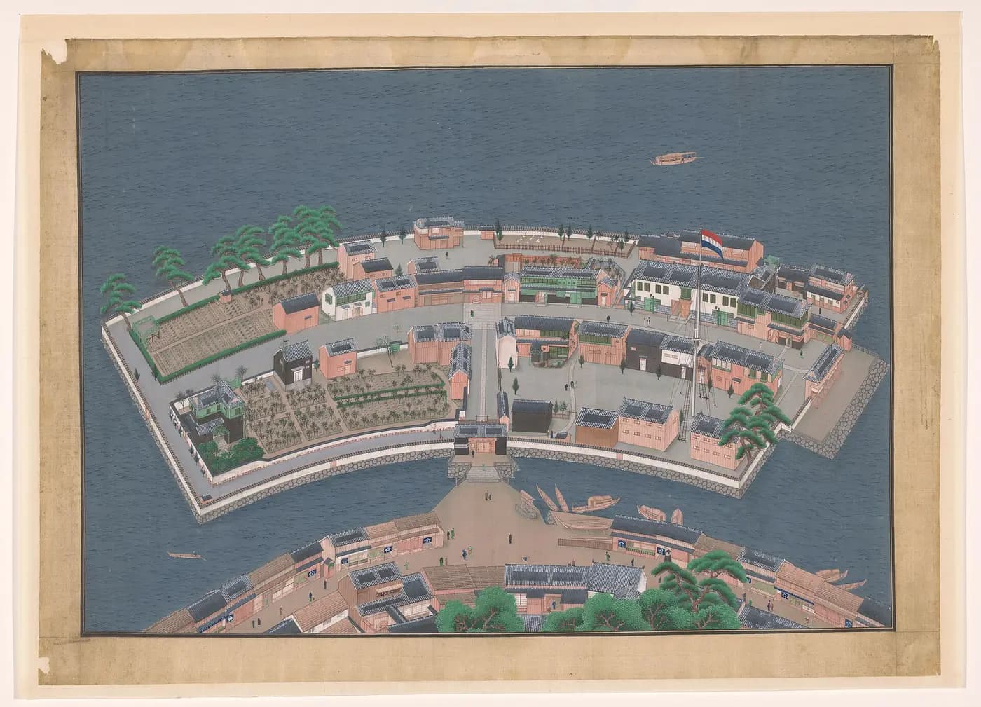 Bird's-eye painting on silk of the fan-shaped island of Dejima in Nagasaki harbour, 1830s