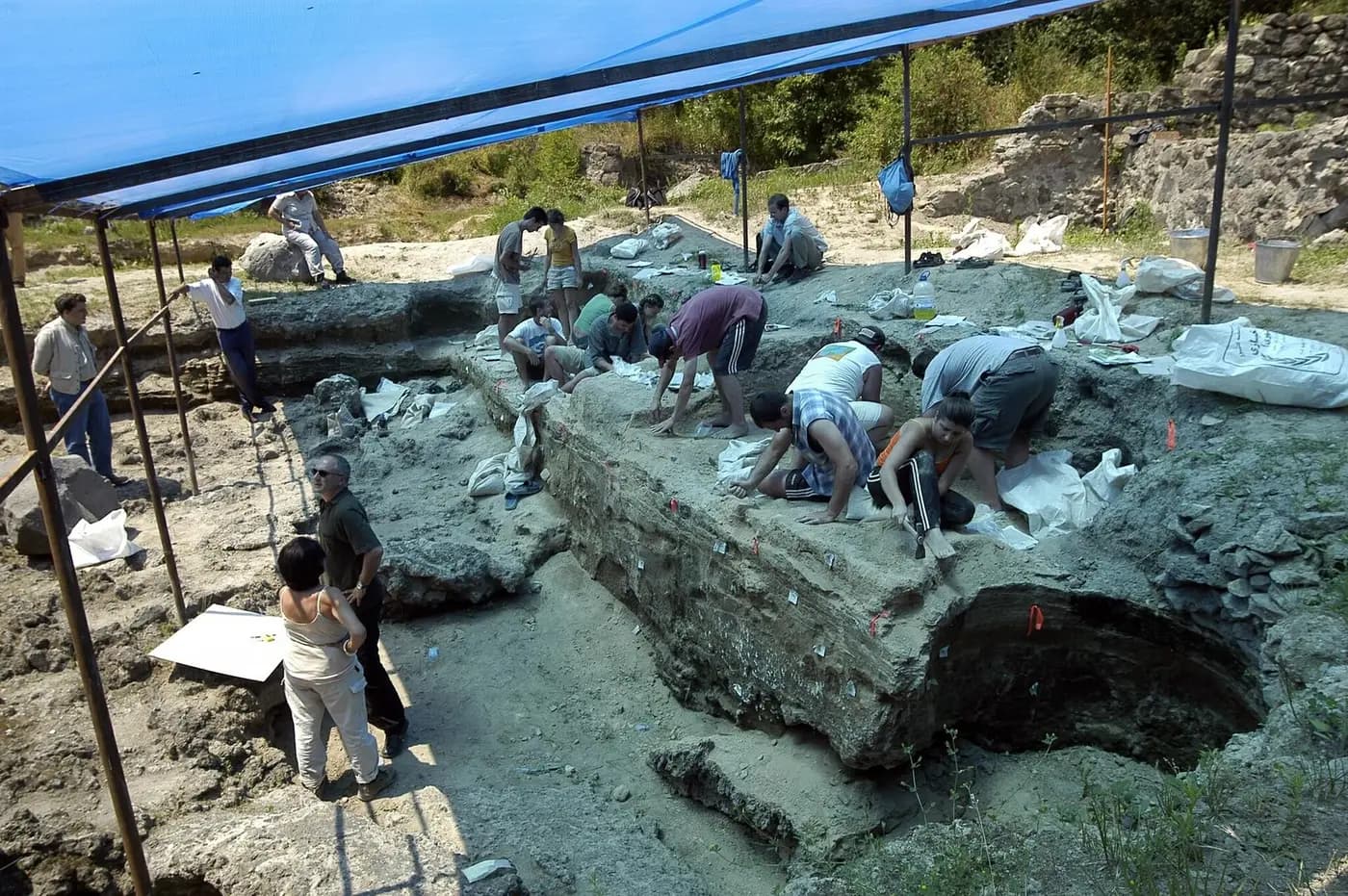 The excavation pits and shelters at the Dmanisi archaeological site in Georgia