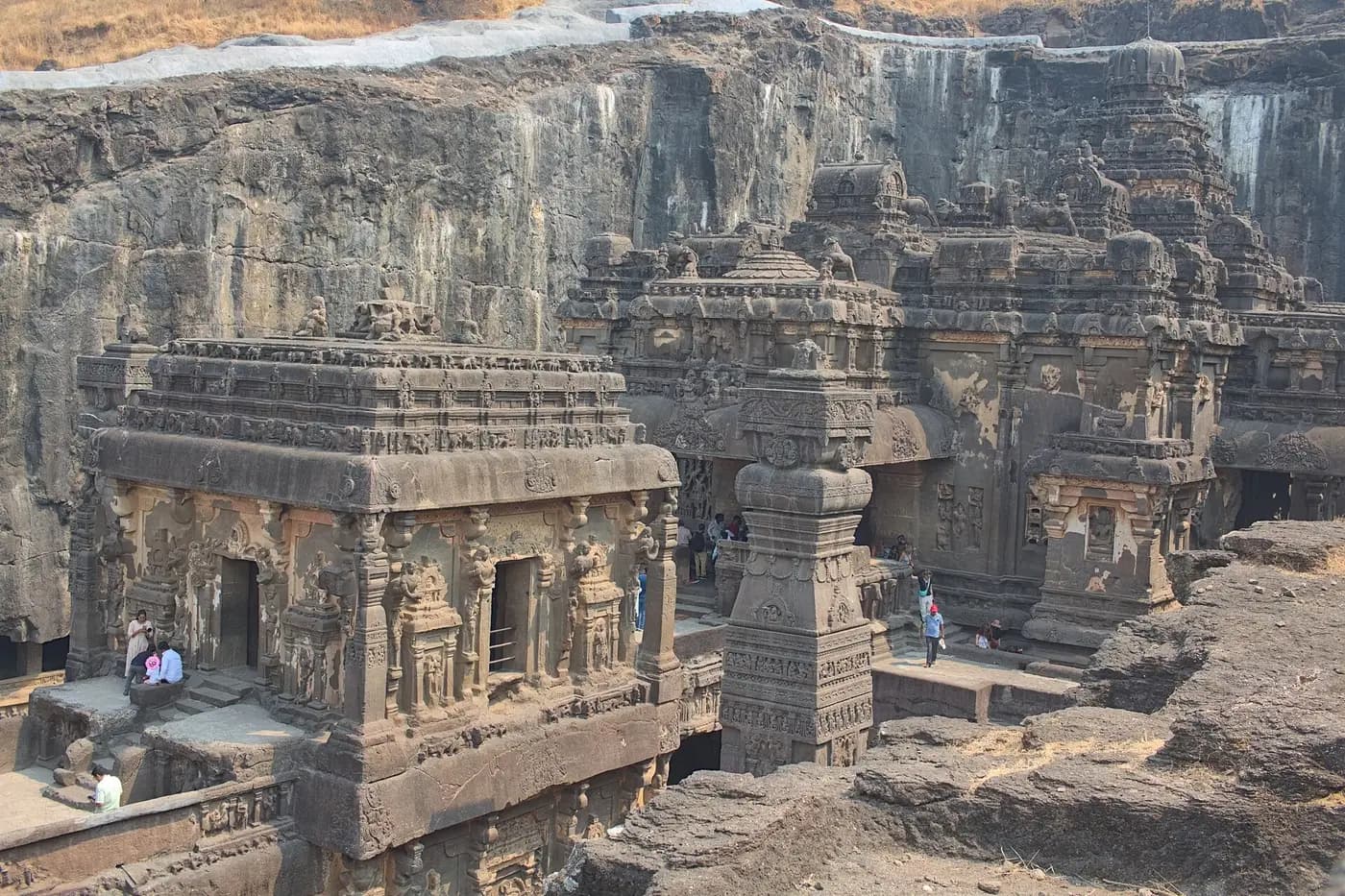 The Kailasa temple at Ellora, carved down into the basalt hillside, seen from above