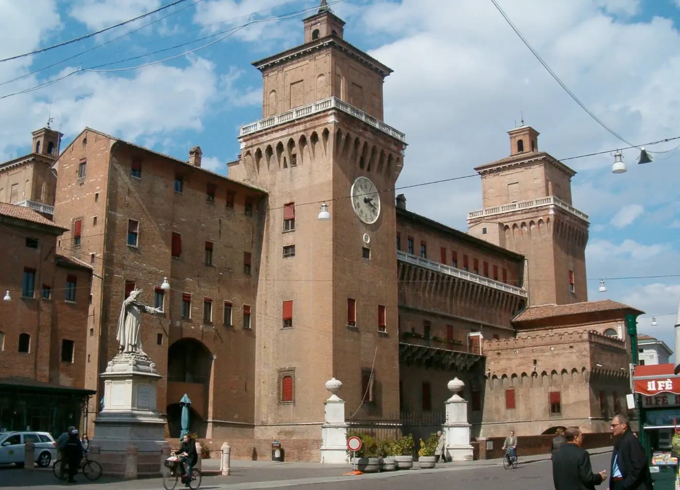 The red-brick towers of Castello Estense, the Este lords' moated castle in the centre of Ferrara