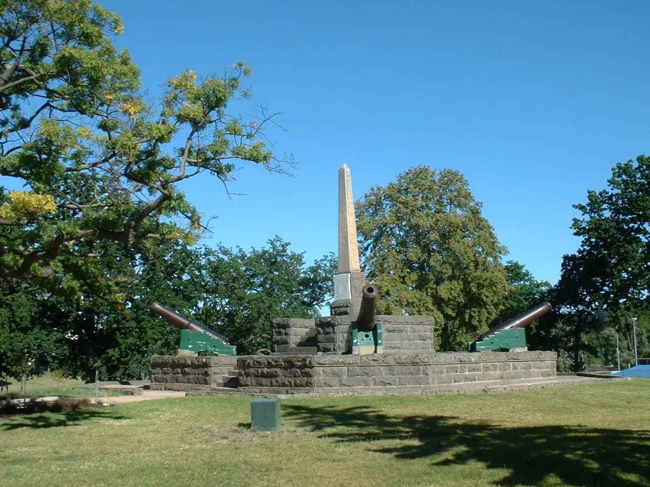 The obelisk memorial flanked by cannon in Eureka Park, Ballarat, near the site of the 1854 stockade
