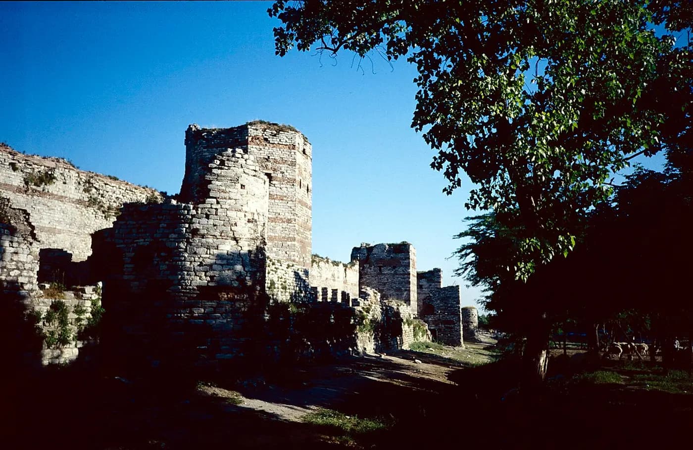A stretch of the great Theodosian land walls of Constantinople in Istanbul