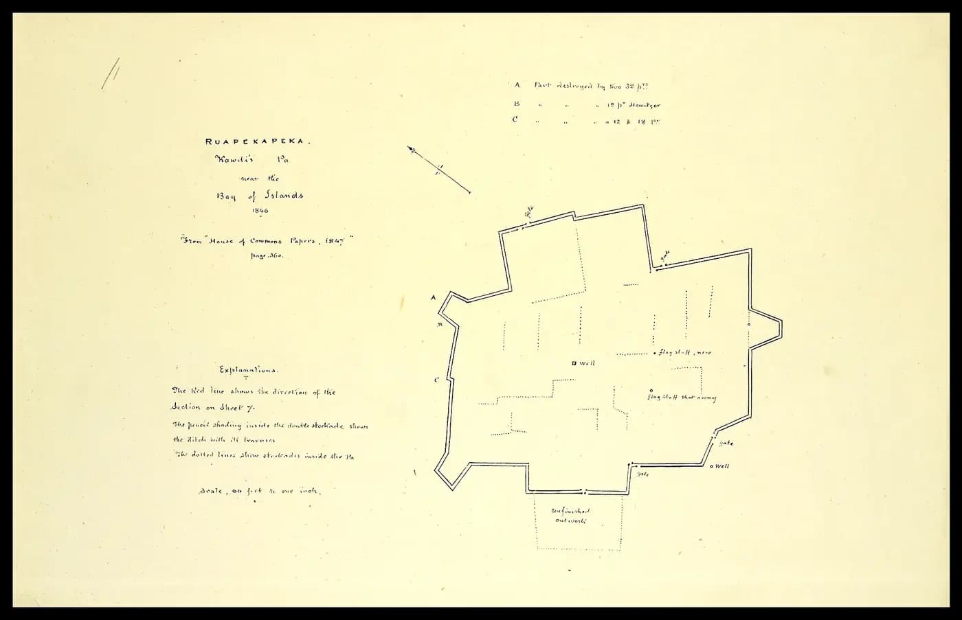 Charles Heaphy's drawing of the earthwork defences of Ruapekapeka Pā, made during the 1846 campaign