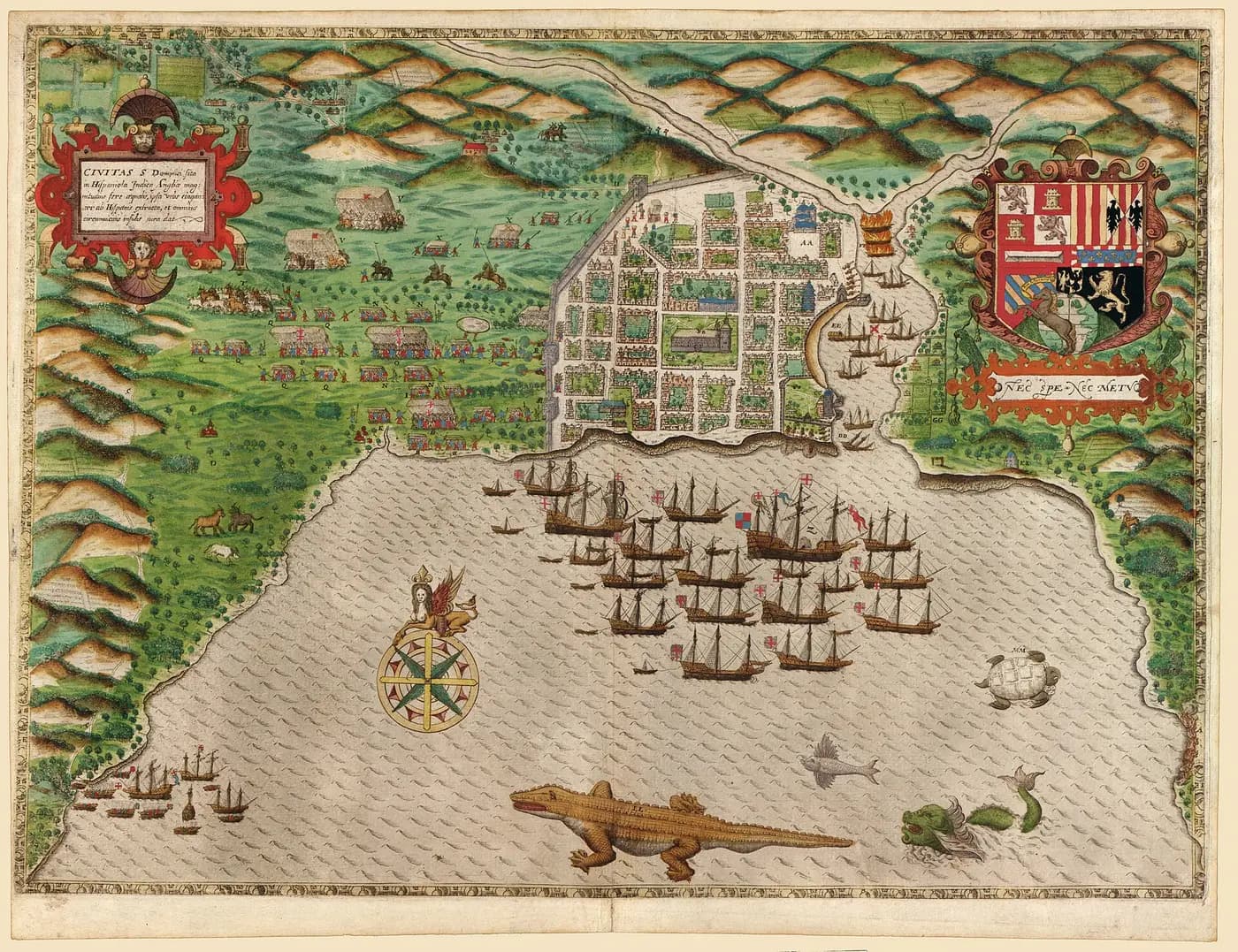 Boazio's hand-coloured map of 1589 showing St. Augustine's town, fort and Drake's fleet in 1586