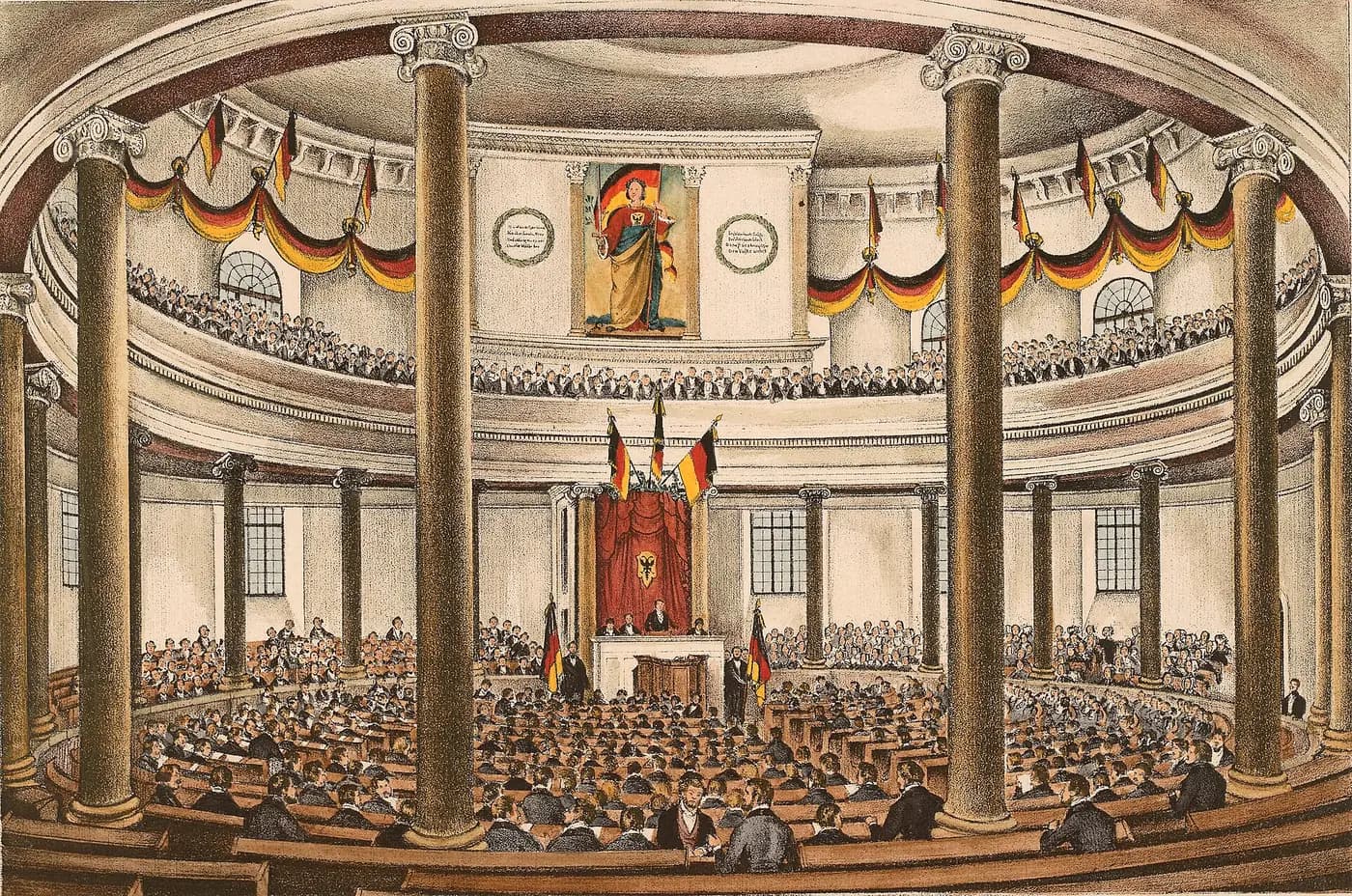 Contemporary lithograph of the Frankfurt National Assembly in session inside the round Paulskirche in 1848