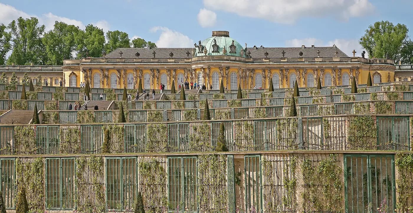 Sanssouci Palace in Potsdam above its glass-fronted vineyard terraces, built for Frederick the Great