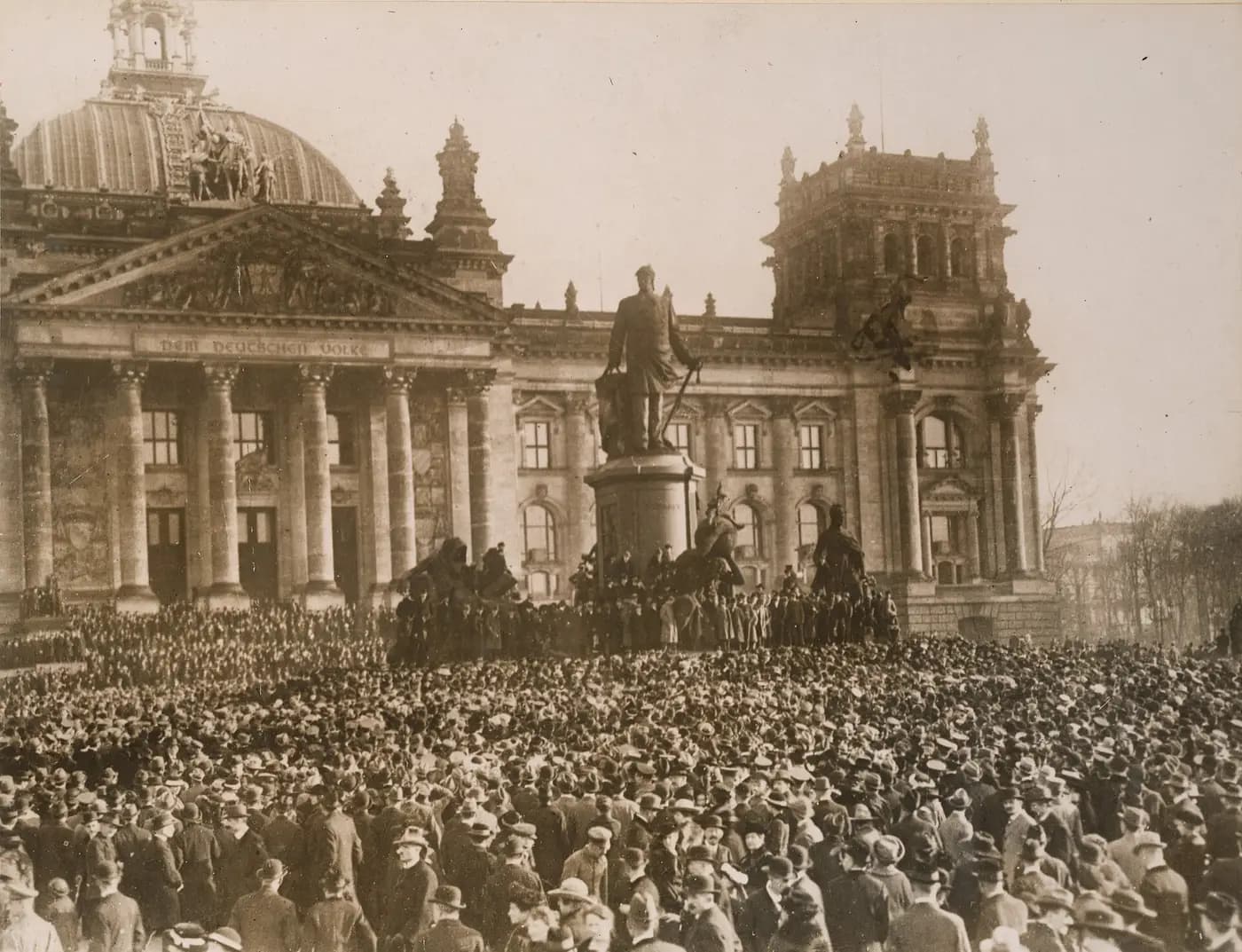 A dense crowd in front of the Reichstag on 9 November 1918, the day the republic was proclaimed